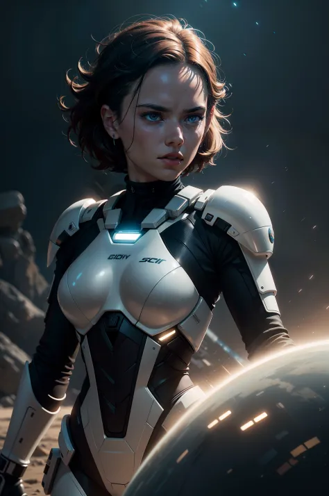 a close up action of epic sci fi hot daisy ridley in a sci fi tech suit clothes cabelos longos brancos, detailed clothing detail...