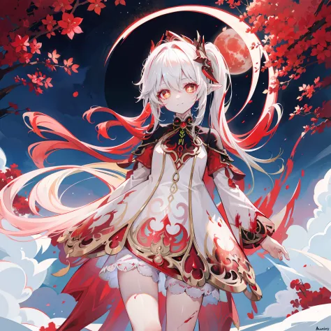 nahida_genshin,(white and red gradient hair),cross-shaped pupils,default_dress,blood-red cloak,simplebackground，blood moon，breat...