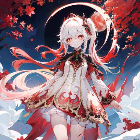 nahida_genshin,(white and red gradient hair),cross-shaped pupils,default_dress,blood-red cloak,simplebackground，blood moon，breat...