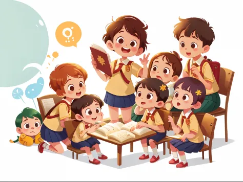 illustration, masterpiece, best quality, School teacher with several students (girls and boys)
sitting side by side,  They wave at us, in school uniform, from opposite, Happy, full body, in the style of childreb book charecter, charecter sheet, white backg...