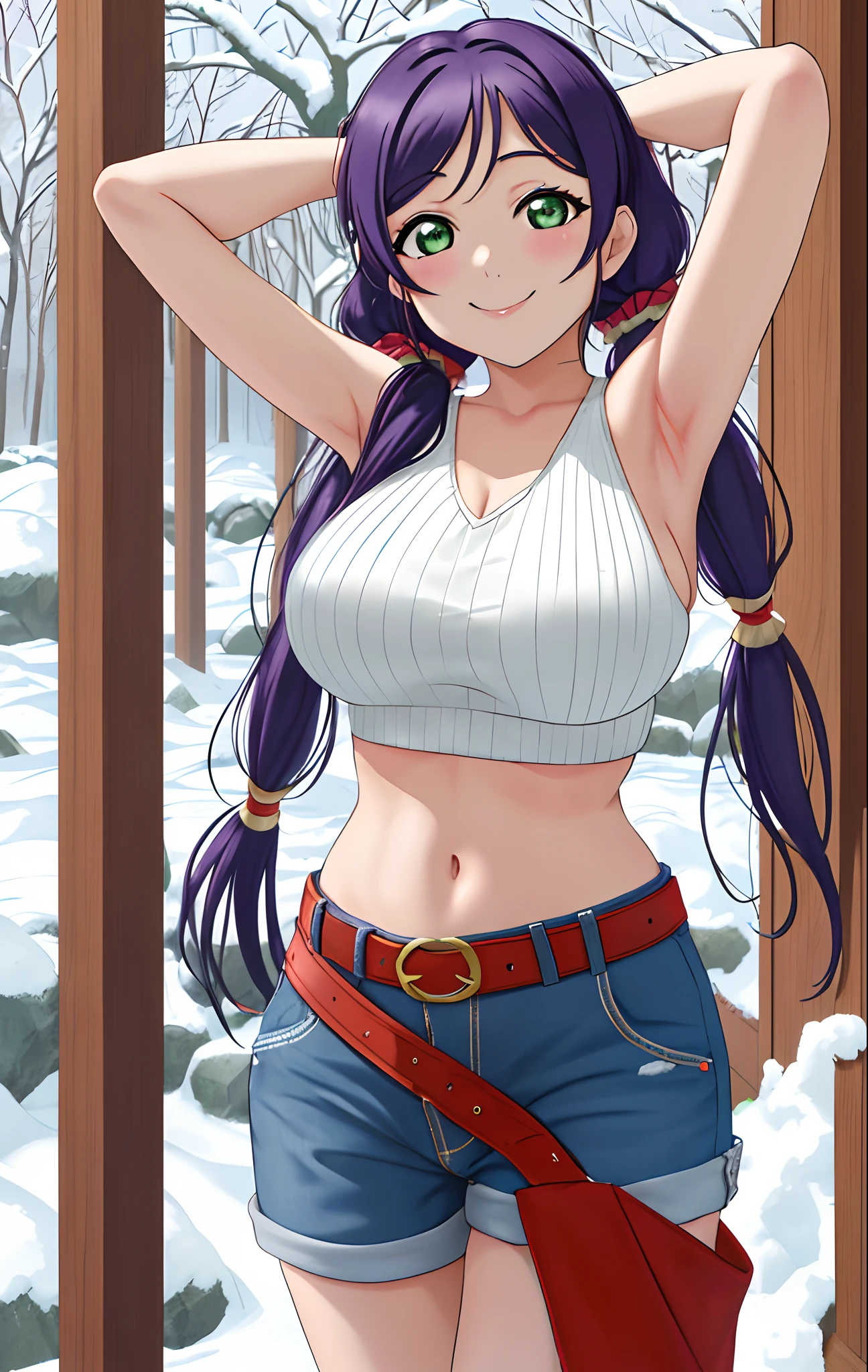 A woman with long purple hair and a white top is posing in the snow -  SeaArt AI