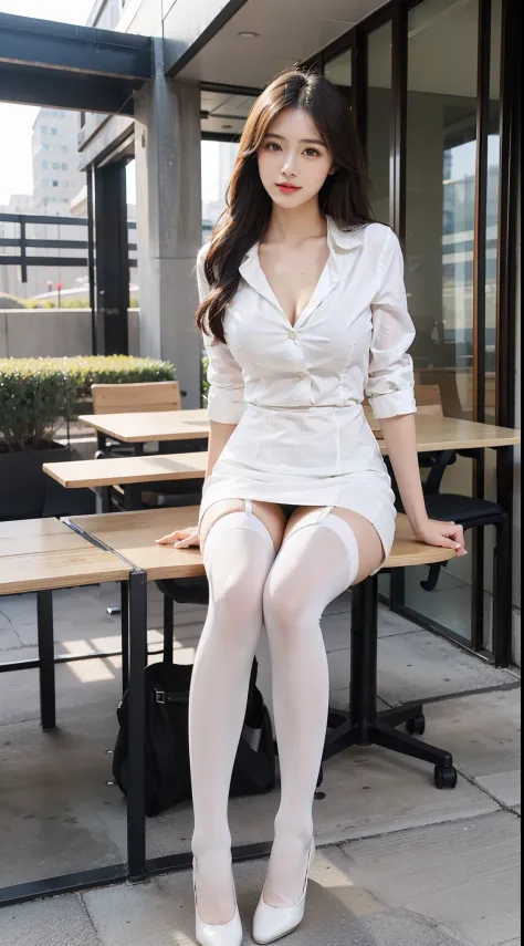 best qualtiy, Full body like，Refined face，A pair of smart eyes，pretty  face，25 years old woman，slimfigure，Larger bust，office lady uniform，Office wear，white stockings，Outdoor scene，Sit Pose，yellow long hair