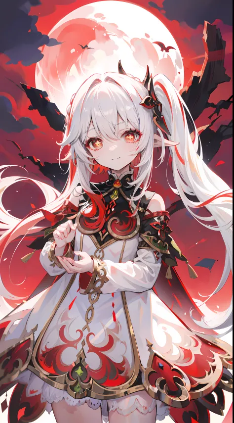 Nahida_Genshin,(White and red gradient hair),Cross pupil,default_dress,Blood red cloak,simplebackground，Blood Moon，Breath of death，Cold and powerful divinity，A sense of majesty,starrysky，demonic smile，Blue tones，Red decorative pattern，red style，Blood