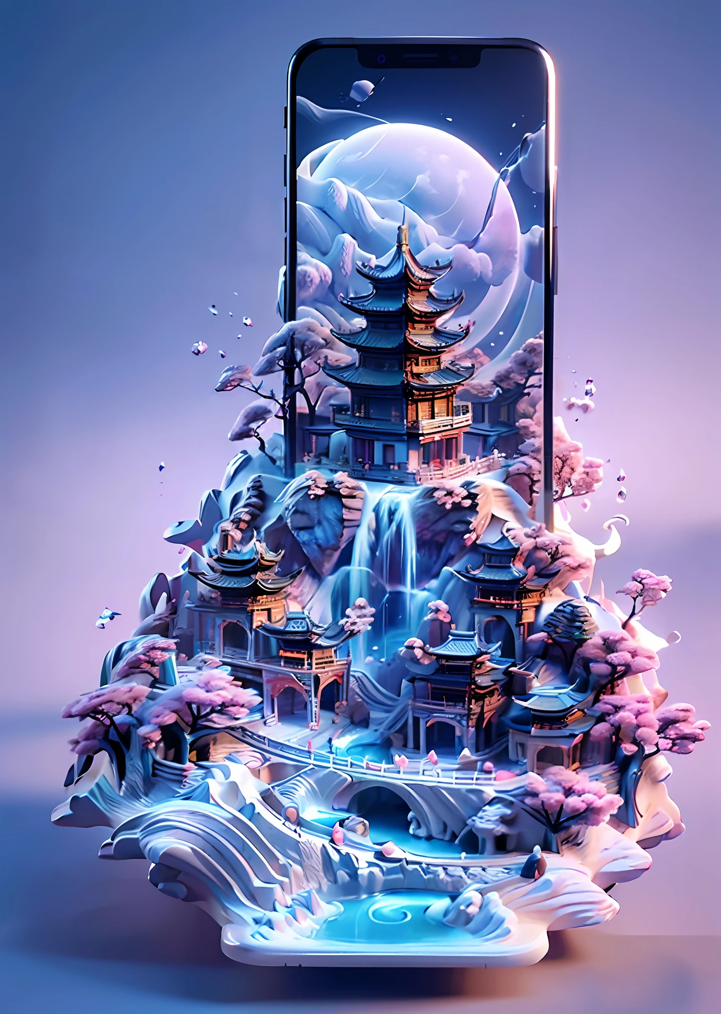 Mobile phone centric，with black background，(Chinese scenery in spring，Sun, White clouds, Mountains, ln the forest, rivers，Oriental elements)，(。.。.。.。.。.。.3D, Extremely colorful, Best quality, Detailed details, Masterpiece, offcial art, movie light effect, 4K, Chiaroscuro)