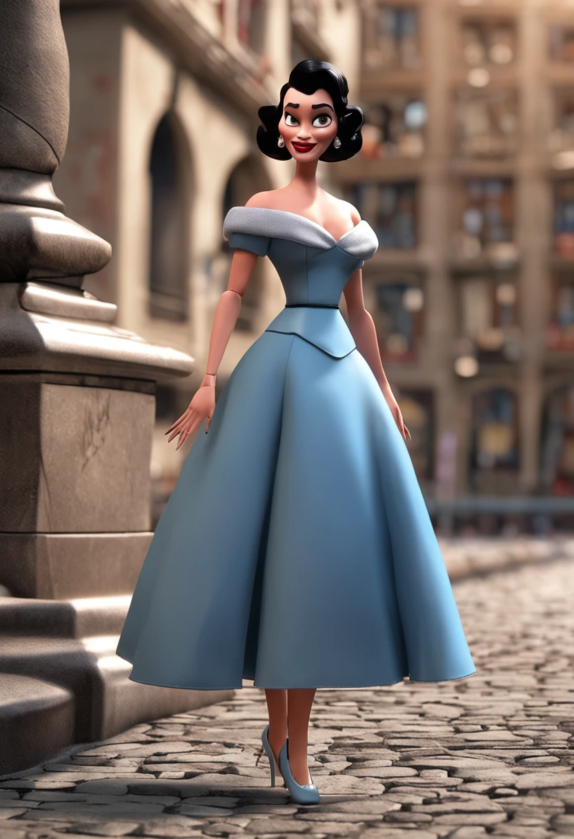 A cartoon girl in a blue dress is standing on a cobblestone street - SeaArt  AI