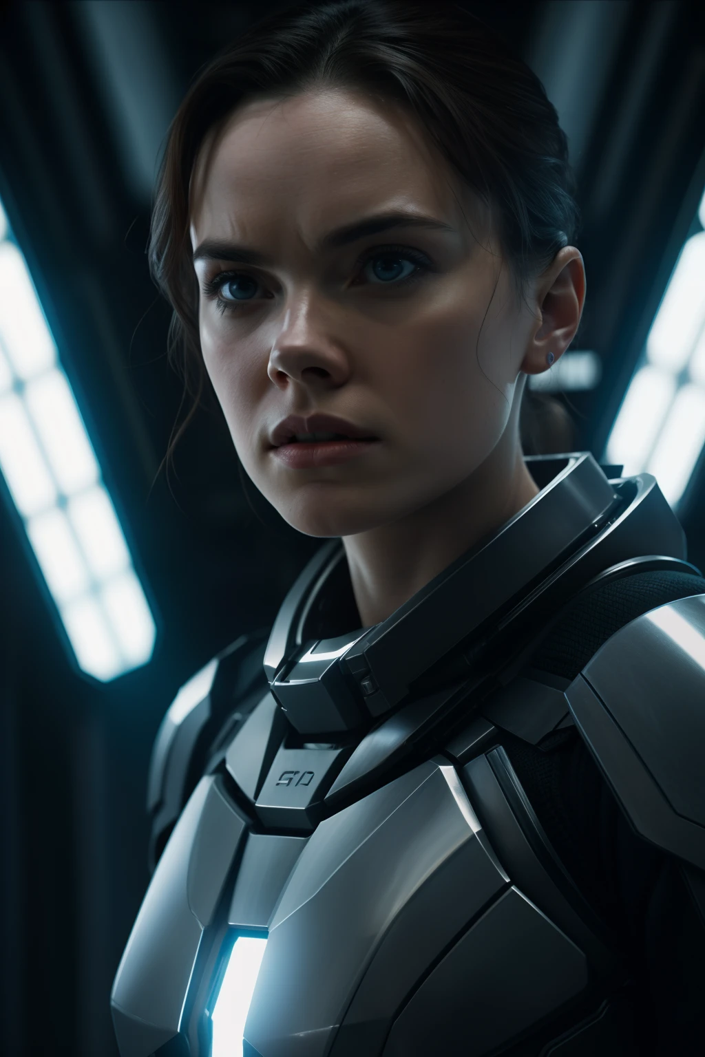 a close up action of epic Sci fi hot Daisy Ridley in a sci fi tech suit clothes fight, Detailed clothing details, Liquid effect, space, Interstellar battlefield photography, natural light, photorealism, cinematic rendering, ray tracing, the highest quality, the highest detail, Cinematic, Third-Person View, Blur Effect, Long Exposure, 8K, Ultra-HD, Natural Lighting, Moody Lighting, Cinematic Lighting