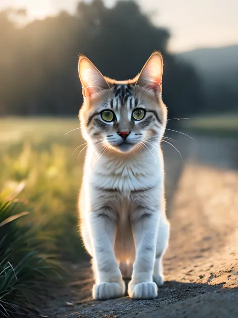 Foto em close-up de uma gata saltando no campo muito bonito na rua, branco, volumetric soft light, (luz de fundo: 1.3), (filme: 1.2), detalhes intrincados, (ArtStation: 1.3), Rutkowski