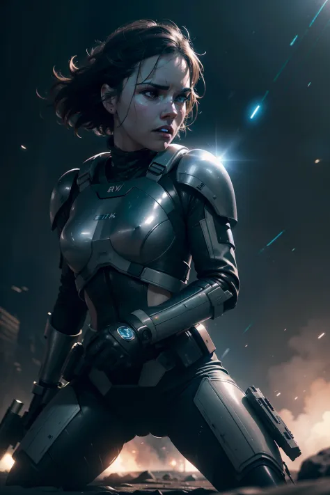 a close up action of epic sci fi hot daisy ridley fighting, detailed clothing details, liquid effect, space, interstellar battle...