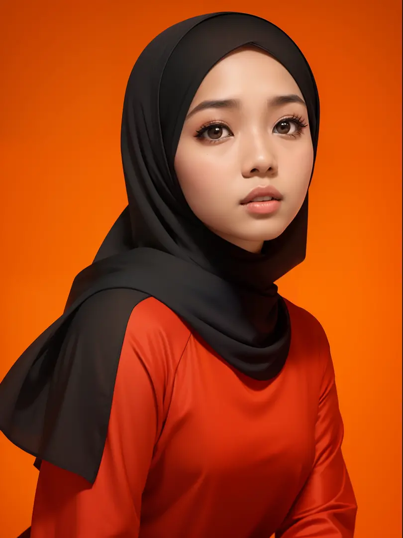 Malay woman in a red shirt and a gray skirt, in front of an orange background, wearing red and yellow clothes, headshot profile picture, hijab, mira filzah, full protrait, on a yellow canva, protrait, portrait shot, photo of young woman, photo of a woman, ...