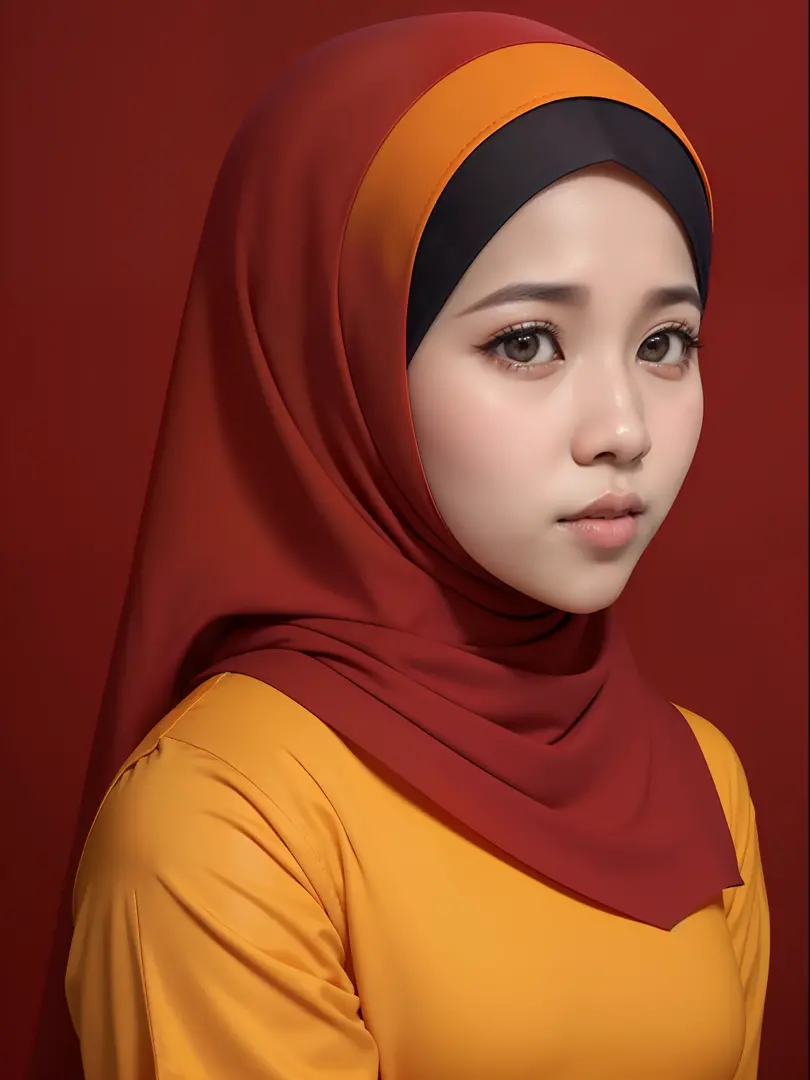 Malay woman in a red shirt and a gray skirt, in front of an orange background, wearing red and yellow clothes, headshot profile picture, hijab, (mira filzah:1.5), full protrait, on a yellow canva, protrait, portrait shot, photo of young woman, photo of a w...