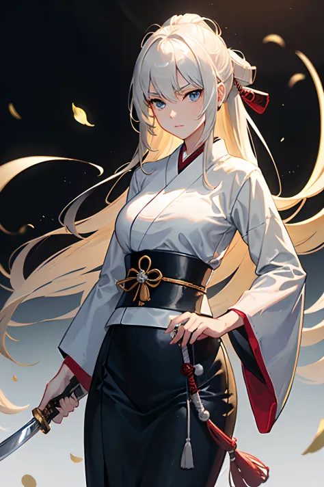 One lady,a blond(long)holds a sword((Japanese katana,Silvery luster,There's more to it than just the silver part))(Thrust forward) Black clothe,During the Japanese style battle(is standing)grand background(A Japanese style)Anime style
