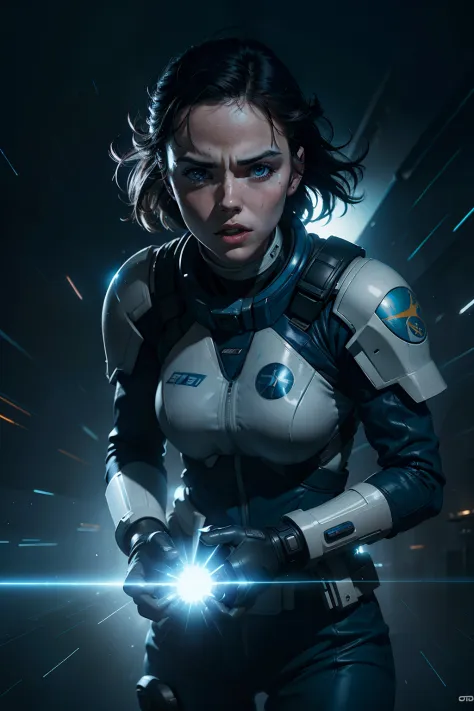 a close up action shot of epic sci fi hot daisy ridley using blue powers , detailed clothing details, liquid effect, space, inte...