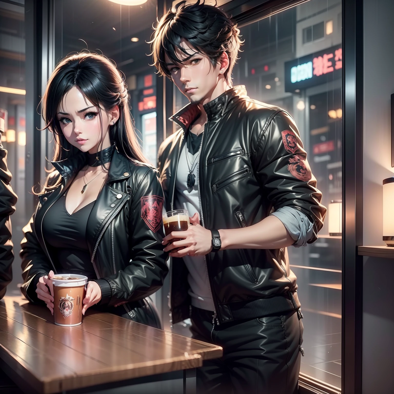 ein Mann und ein Mädchen　２bodies schwarze Jacke　auch Frauen　Frau trägt auch eine schwarze Jacke　Weiblicher Perverser　schwarze Jacke　Anime-Paar in einer Bar mit Bierflaschen, an der Bar, an der Bar, mit einem Getränk, ; Visual Novel, Visual Novel, Drink an der Bar, Visual Novel cg, Visual Novel key visual, sakimichan and frank franzzeta, In der Kneipe, artwork in the style of guweiz, Anime-Moe-Kunststil