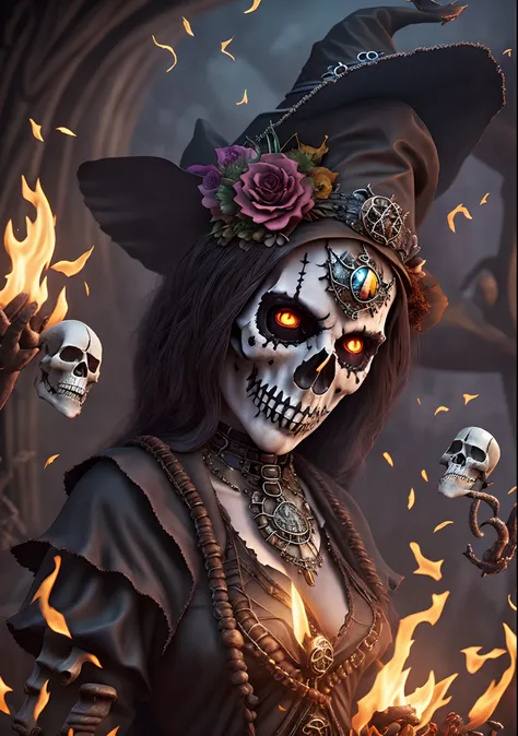 (A necromancer witch surrounded by skeletons.), master piece, HDR, UHD ...