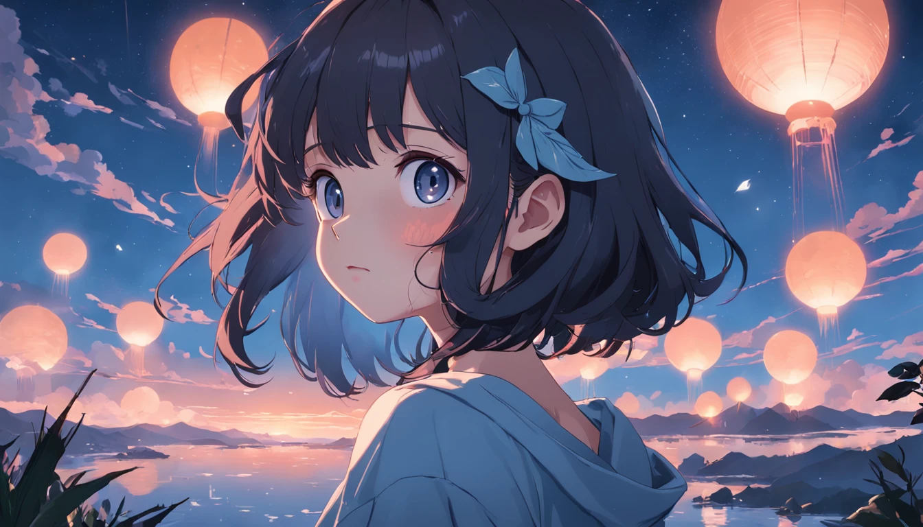 Beautiful moonlight sky, 1girl in, breastsout, A dark-haired, off shoulders, lofi hip hop, countryside view, lofi artstyle, lofi art, chillhop, lofi, anime movie background, Anime Background, lofi aesthetic, Wit Studio Anime, lofi album art, Rophy Technology, lofi vibes, lofi feel, Lofivibe、((​masterpiece),(the Extremely Detailed CG Unity 8K Wallpapers)、top-quality、、独奏、1girl、电影灯光、细致背景、beatiful detailed eyes、Bright pupils、(extremely delicate and beautiful)、(Beautiful and detailed eyes description)、ultra-detailliert、​masterpiece、))