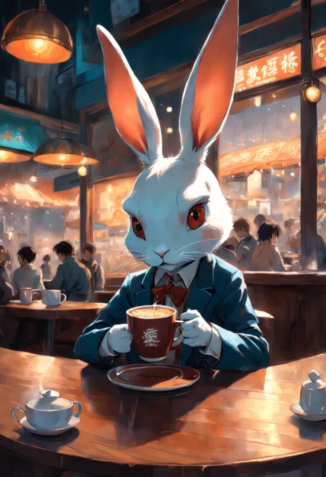 a humanoid rabbit drinking coffee at a coffee shop, art by [Esao Andrews]