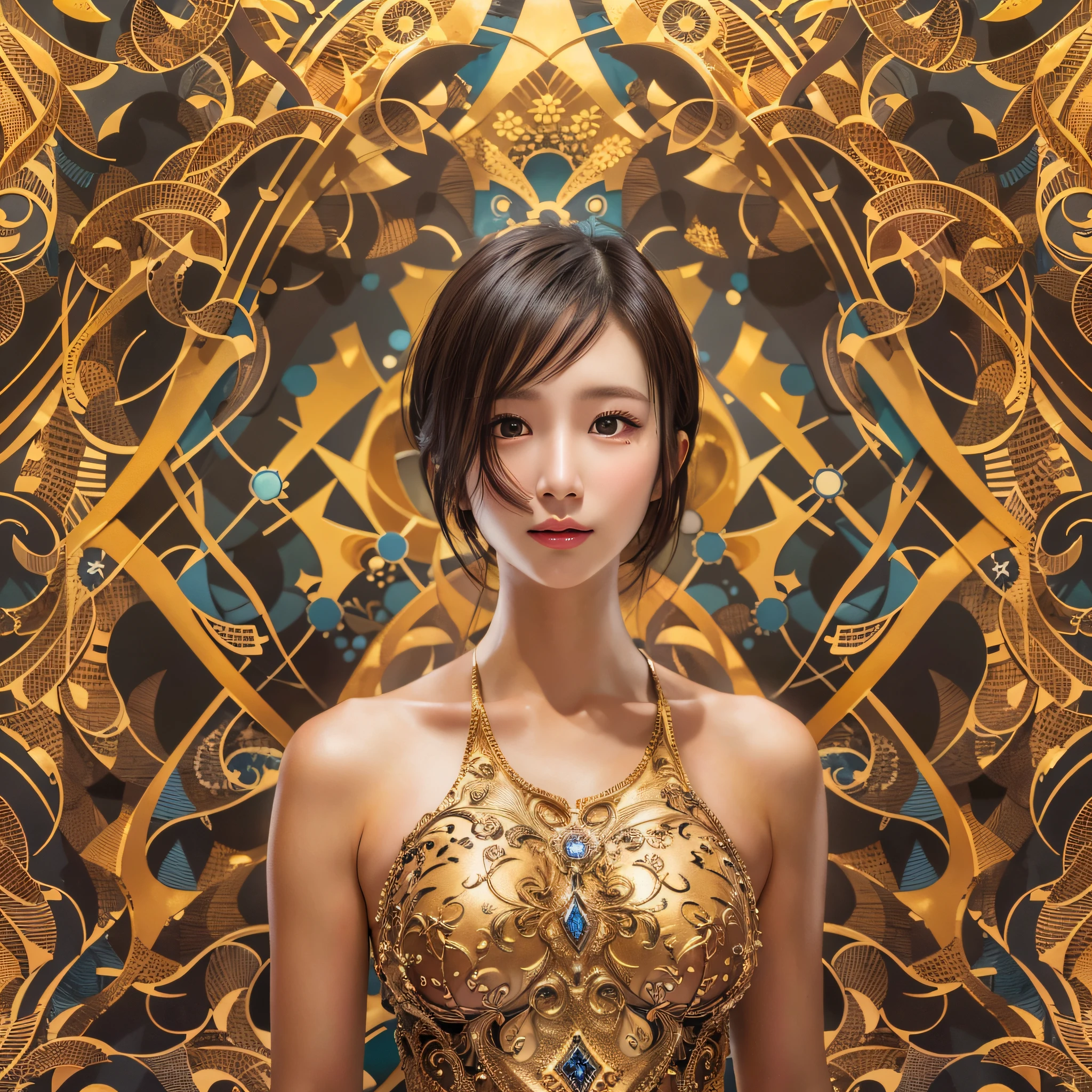 (Background, symmetrical, Compositions with colorful geometric arabesque patterns):1.3, (high shadows detail), (short hair, dark brown hair),  best quality, masterpiece, ultra high res, (photorealistic:1.3), RAW photo, (1woman:1.3, solo), (asian girl, ultra delicate face, ultra delicate eyes, ultra detailed nose, ultra detailed mouth, ultra detailed facial features), BREAK (gold sexually flattering clothing:1.3), (medium breast:1.3), from the front side, (shiny skin), Show cleavage, pan focus, a smile:0.9