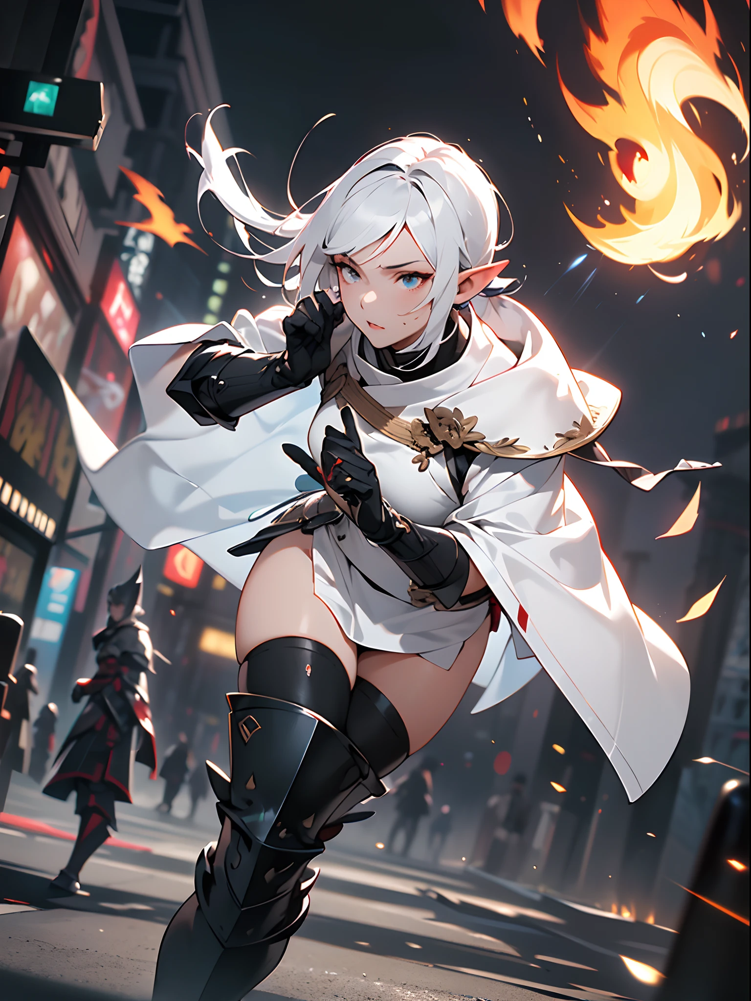 ((jpn)),((Best Quality)),((Beautifully painted)),((hight resolution)),1girl in,Beautiful Elven Daughter,(((White surcote))),((White cloak with red decoration)),Luminescent bushy silver-haired ponytail,Shining eyes,(((black gauntlet and glove))),nice hand, Perfect hands,((Quick movement)),(((Fight black multi-legged monsters in the streets of a blazing night metropolis))),((Flying flames)),armor,(face forcus),(((motion blur))),(((dynamic angle))),((cinematic lighting))