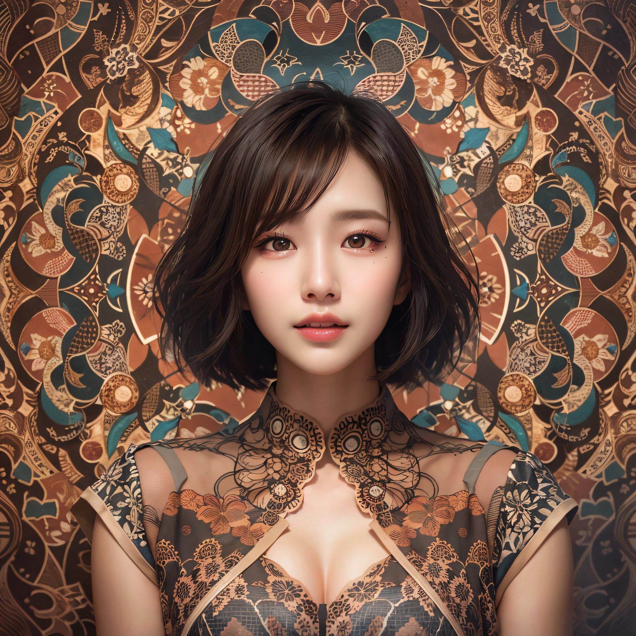 (Background, symmetrical, Compositions with colorful geometric arabesque patterns):1.3, (high shadows detail), (short hair, dark brown hair),  best quality, masterpiece, ultra high res, (photorealistic:1.3), RAW photo, (1woman:1.3, solo), (asian girl, ultra delicate face, ultra delicate eyes, ultra detailed nose, ultra detailed mouth, ultra detailed facial features), BREAK (See-through shirt:1.3), (medium breast:1.3), from the front side, (shiny skin), Show cleavage, pan focus, a smile:0.9