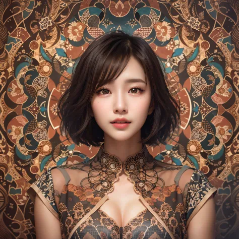 (Background, symmetrical, Compositions with colorful geometric arabesque patterns):1.3, (high shadows detail), (short hair, dark brown hair),  best quality, masterpiece, ultra high res, (photorealistic:1.3), RAW photo, (1woman:1.3, solo), (asian girl, ultr...