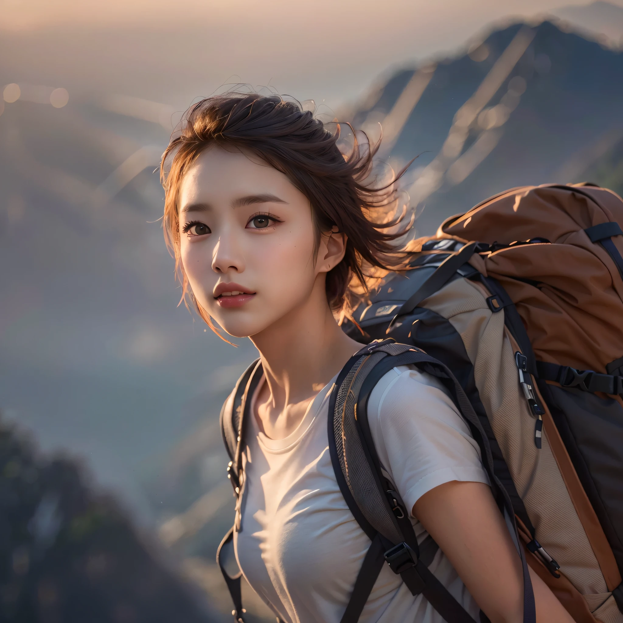 best quality, masterpiece, ultra high res, (photorealistic:1.3), RAW photo, (Naturescape photography), (Magnificent mountain, sea of clouds), (On a very high mountain peak), (sunset), 
(1girl), (upper body), (25 years old), (smile:0.9), (shiny skin), (short hair, dark brown hair), 
(Wearing a gingham white shirt over a white T-shirt), (Trekking shorts), (Carrying a large backpack), 
(ultra detailed face), (ultra Beautiful fece), (ultra detailed eyes), (ultra detailed nose), (ultra detailed mouth), (ultra detailed arms), (ultra detailed body),  Sony α7, 85mm Lens, f9.0, pan focus