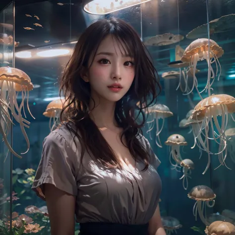 (Background, There are many jellyfish lit up in the tank):1.5, (Standing in front of the aquarium located behind), (high shadows...
