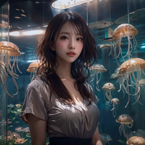 (background, there are many jellyfish lit up in the tank):1.5, (standing in front of the aquarium located behind), (high shadows...