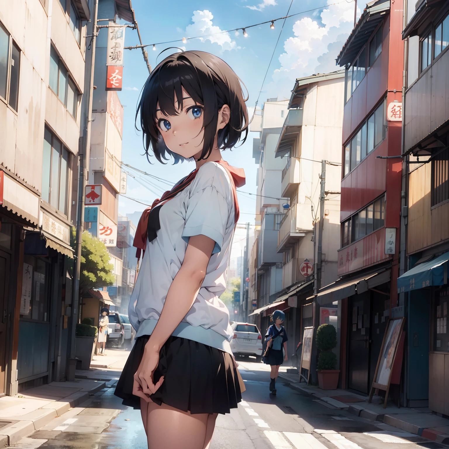 masterpiece, high quality, best detail, japanese anime illustration, a beautihul woman with light blue short hair wearing uniform, (background:western city, messy street)