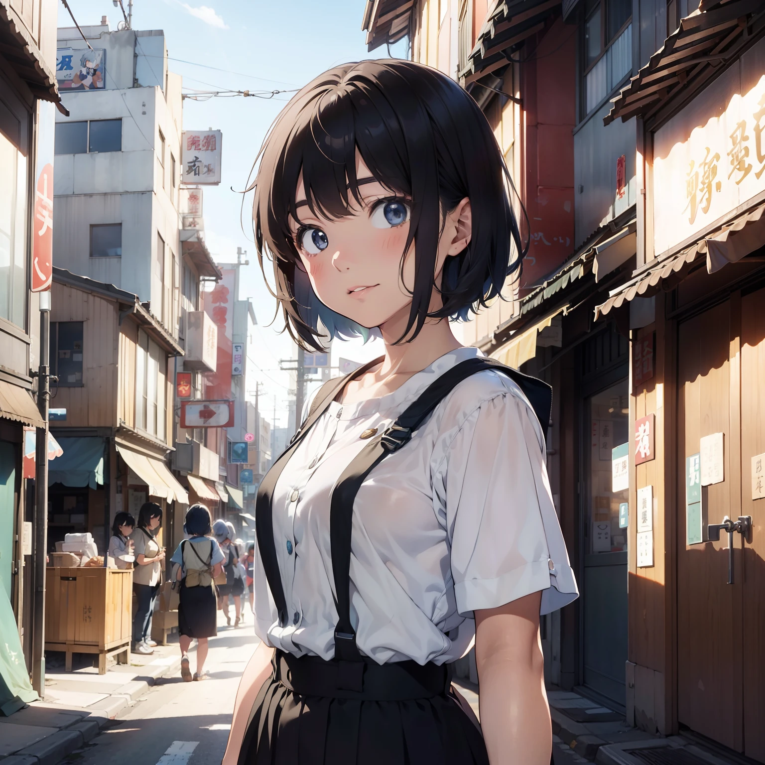 masterpiece, high quality, best detail, japanese anime illustration, a beautihul woman with light blue short hair wearing uniform, (background:western city, messy street)