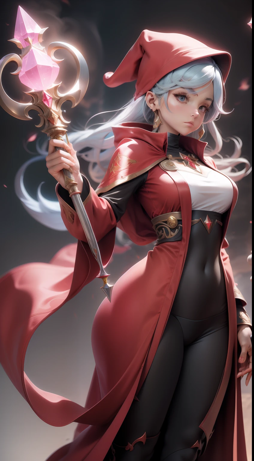 身穿红色法师长袍的女性角色, 多种姿势, 正面和背面细节, 长晶石法杖