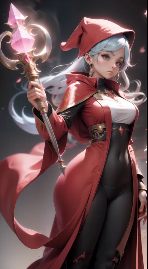 Female character in red mage robes, Multiple poses, Detailed front and back, Long crystal staff