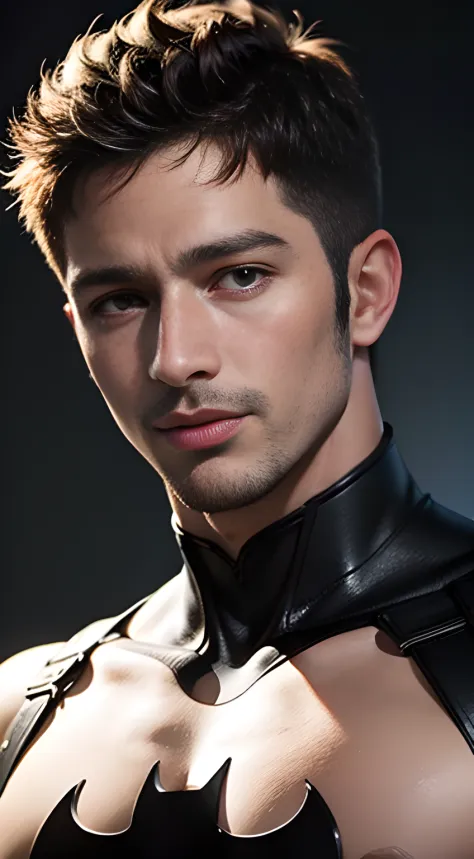 ((Men only)), (head shot), (handsome muscular man in his 20s), (batman), (Chris Redfield), (Mischievous smile), (detaile: 1 in 1), Natural muscles, HIG quality, beautidful eyes, (Detailed face and eyes), (Face、: 1 / 2), Noise, Real Photographics、... .........