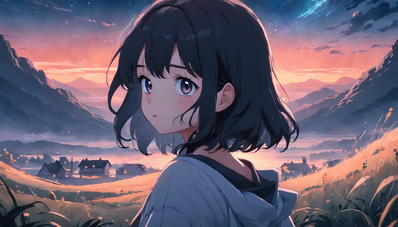 Beautiful moonlight sky, 1girl in, breastsout, A darK-haired, off shoulders, is standing, lofi hip hop, countryside view, lofi artstyle, lofi art, chillhop, lofi, anime movie background, Anime Background, lofi aesthetic, Wit Studio Anime, lofi album art, Rophy Technology, lofi vibes, lofi feel, Lofivibe、((​masterpiece),(the Extremely Detailed CG Unity 8K Wallpapers)、top-quality、1girl、light、Detailed background、beatiful detailed eyes、Bright pupils、(extremely delicate and beautiful)、(Beautiful and detailed eyes description)、Ultra-detail、​masterpiece、))