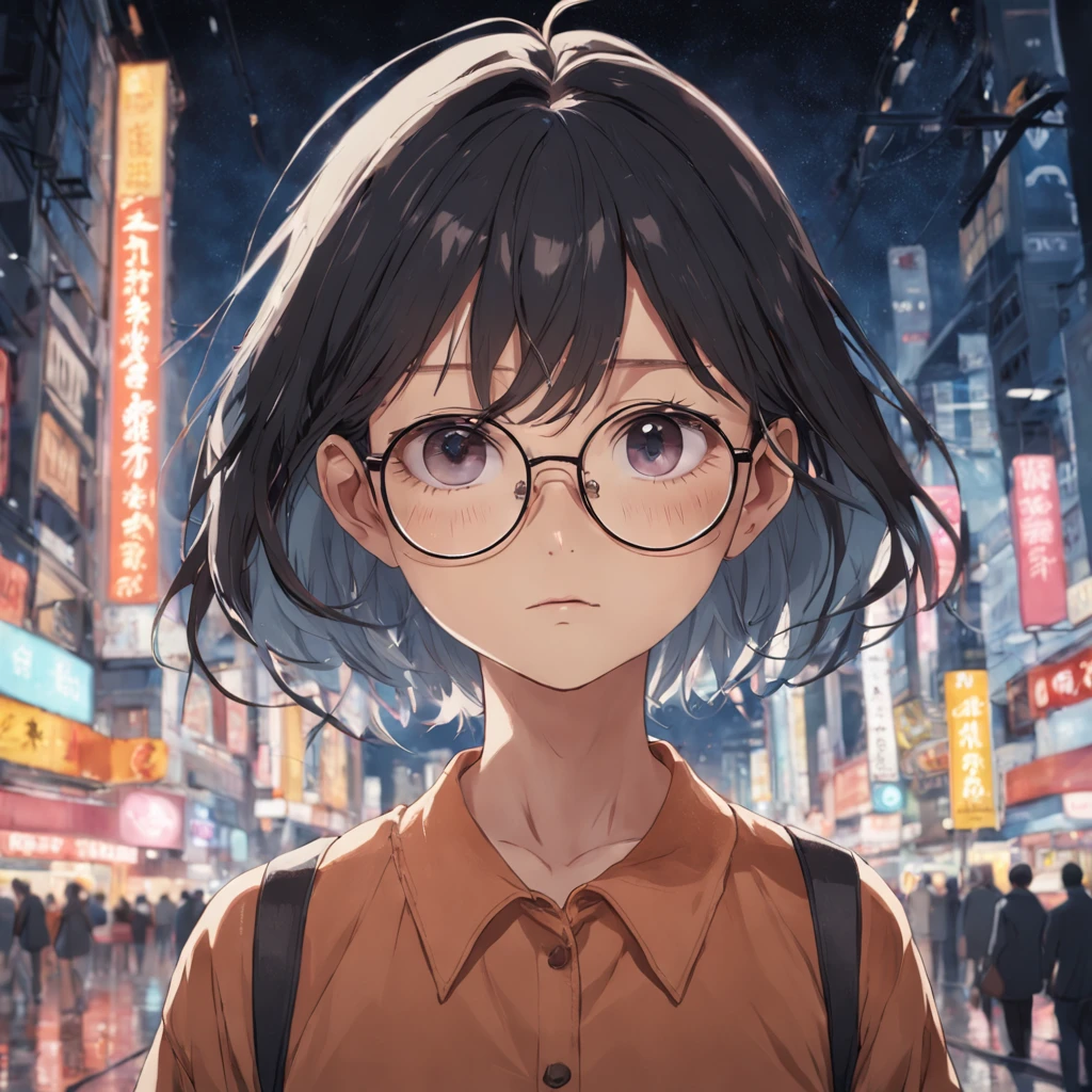 Chica anime con gafas y mochila en una ciudad por la noche - SeaArt AI