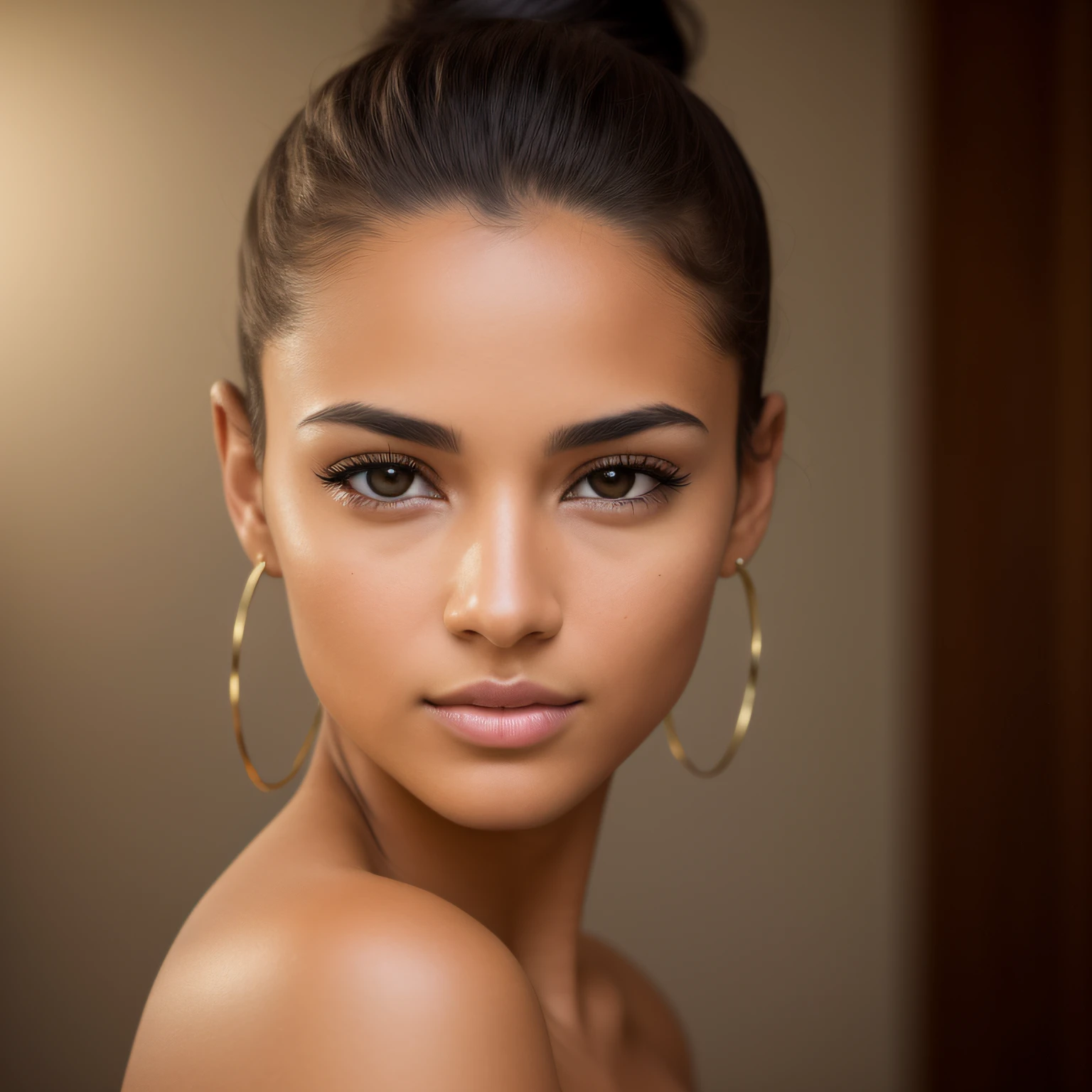 Un retrato fotorrealista de una joven brasileña bronceada increíblemente hermosa y sin maquillaje., Raza mixta, caucasian, la piel esta bronceada, extremadamente detallado brown eyes, el cabello está en un moño elegante, cara realista simétrica detallada, Proporciones faciales realistas, extremadamente detallado natural texture, pelusa de durazno, Cabello castaño oscuro, Obra maestra, foto premiada de Francesco Scavullo, Fotografía de archivo de película Nikon d850, Cámara Kodak Portra 400 F1.6 lentes, extremadamente detallado, Asombroso, buen detalle, colores ricos, textura realista hiperrealista, iluminación dramática, motor irreal, tendencia en Artstation, cinestill 800 tungsteno, mirando al espectador, foto realista, foto en bruto, TanvirTamim, alta calidad, alta resolución, enfoque nítido, extremadamente detallado, iluminación cinematográfica, 8k hd