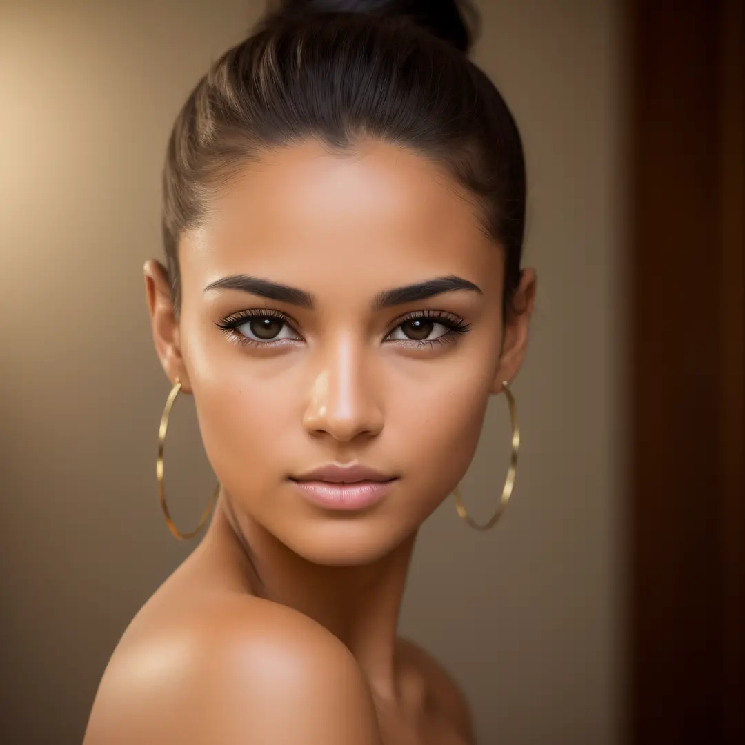 A photorealistic portrait of a insanely beautiful tanned Brazilian young woman with no makeup, mixed race, caucasian, skin is tanned, extremely detailed brown eyes, hair is in a sleek bun, detailed symmetric realistic face, realistic facial proportions, ex...