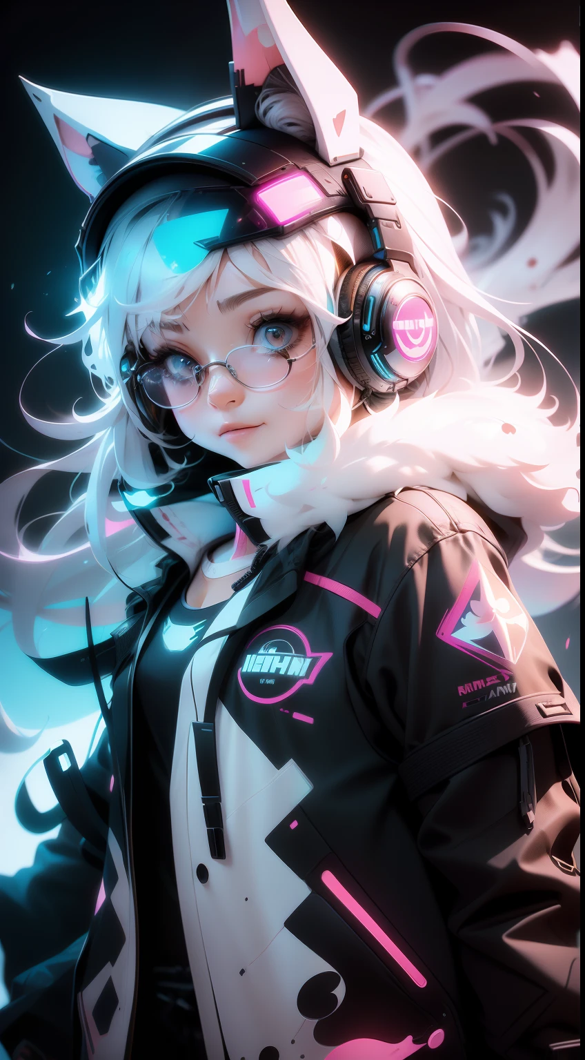 Perfect centering, A cute kitten all over, Wear a student varsity jacket, Wearing sunglasses, Wearing headphones, cheerfulness, Standing position, Abstract beauty, Centered, Looking at the camera, Facing the camera, nearing perfection, Dynamic, Moonlight, Highly detailed, Digital painting, art  stations, concept-art, smooth, Sharp focus, 8K, high definition resolution, illustration, Art by Carne Griffiths and Wadim Kashin, White background