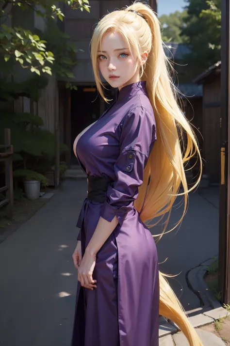 1girl, yamanaka ino in anime naruto, long hair, yellow hair, blue eyes, beautiful, purple clothes, very big breast, realistic cl...