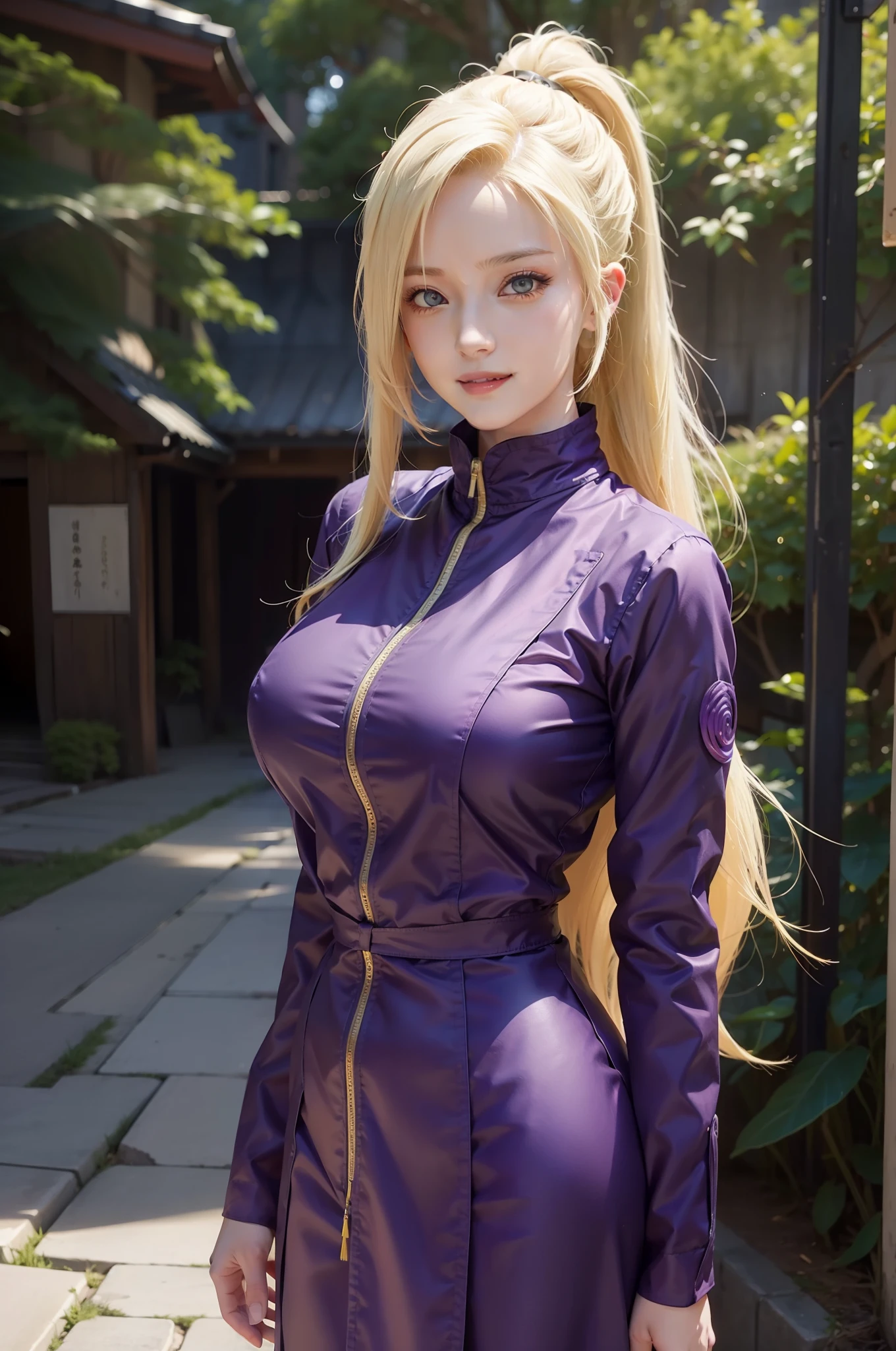 1girl, yamanaka ino in anime naruto, long hair, yellow hair, blue eyes, smile, beautiful, purple clothes, very big breast, realistic clothes, detail clothes, outdoor background, ultra detail, realistic