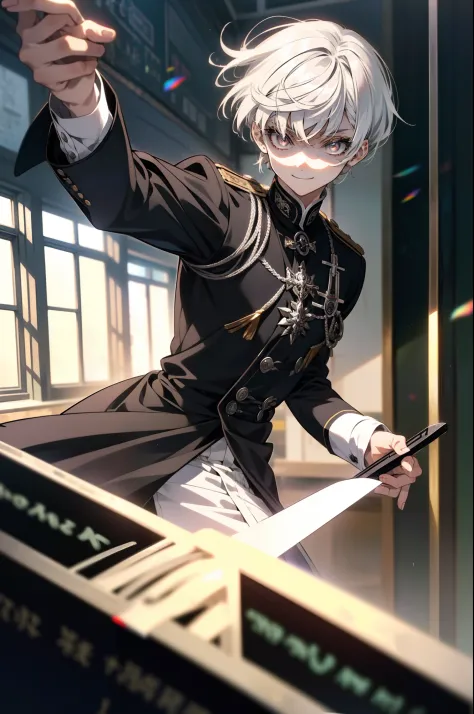 solo, ((anime boy with white hair)), ((extremely detailed silver eyes)), (bangs), (cool), (confident smile), (((in traditional b...