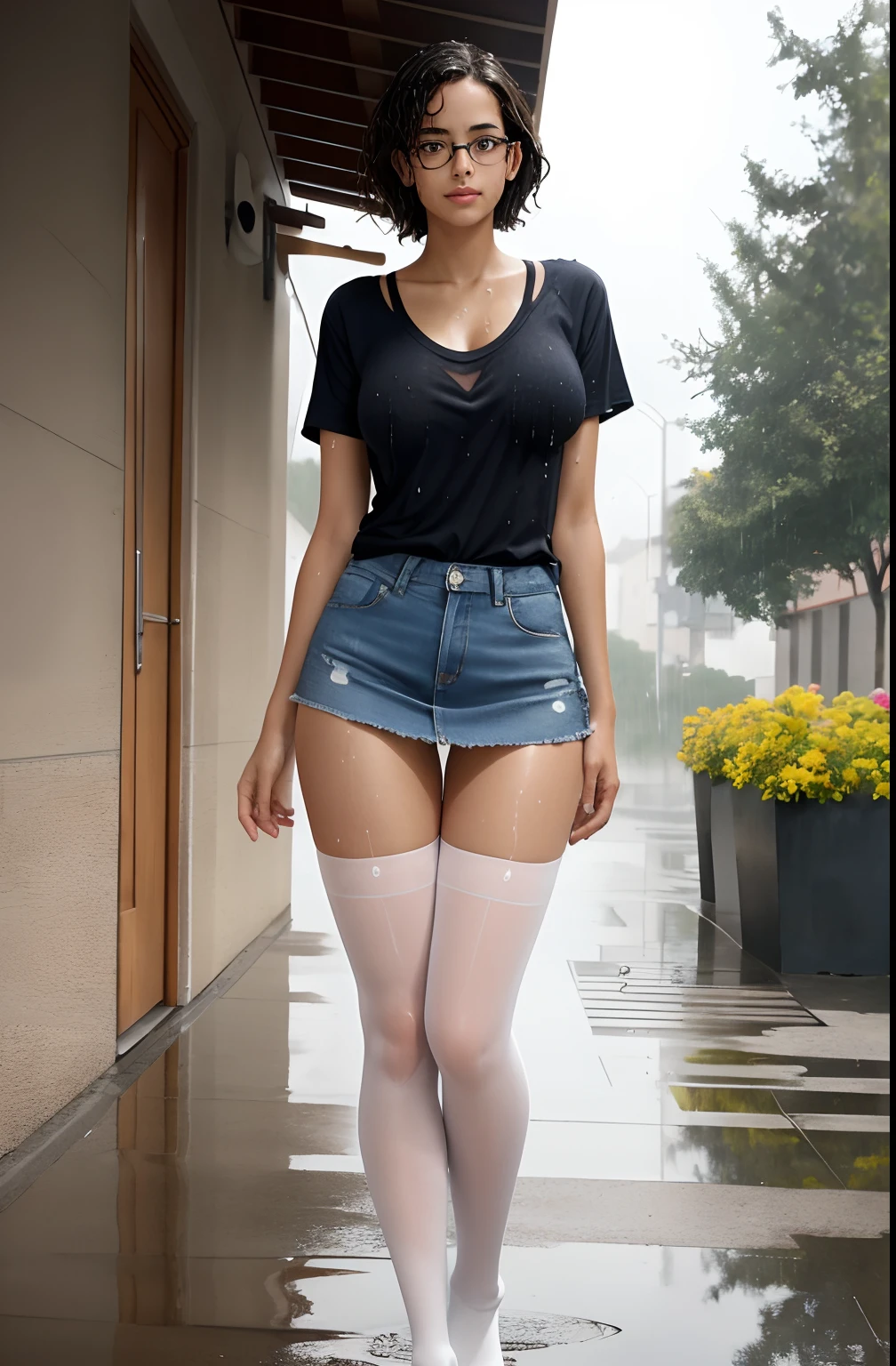 Araffed woman in short shorts and tights walking down a sidewalk - SeaArt AI