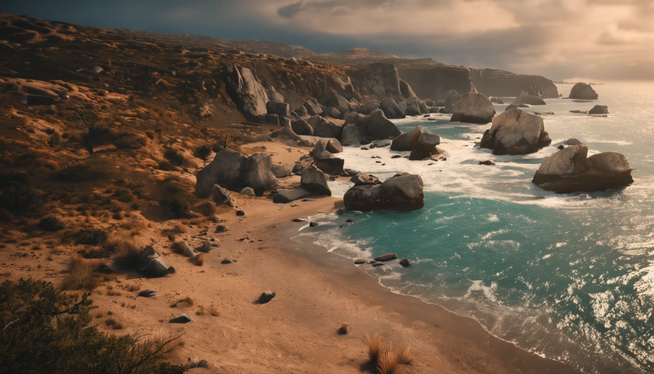 Arafed view of a beach with rocks and water in the foreground - SeaArt AI