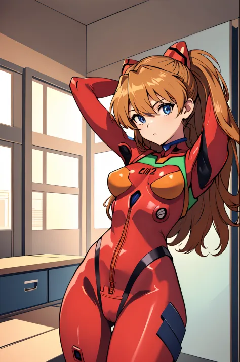 (masterpiece, best quality, detailed), 1girl, solo, indoors, changing room, arms behind head, cowboy shot,
souryuu asuka langley...