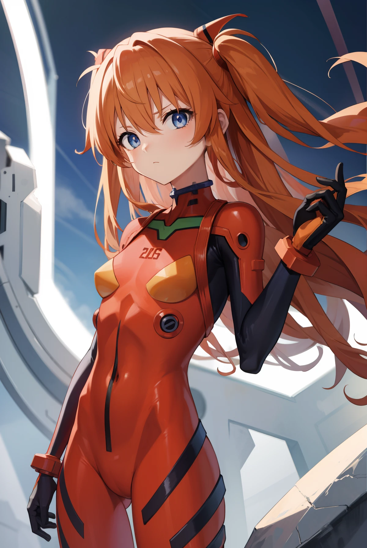 asukalangley, asuka langley soryu, blue eyes, hair between eyes, headgear, interface headset, orange hair,
BREAK bodysuit, long sleeves, plugsuit, red bodysuit,
BREAK outdoors, city,
BREAK looking at viewer, BREAK (masterpiece:1.2), best quality, high resolution, unity 8k wallpaper, (illustration:0.8), (beautiful detailed eyes:1.6), extremely detailed face, perfect lighting, extremely detailed CG, (perfect hands, perfect anatomy),