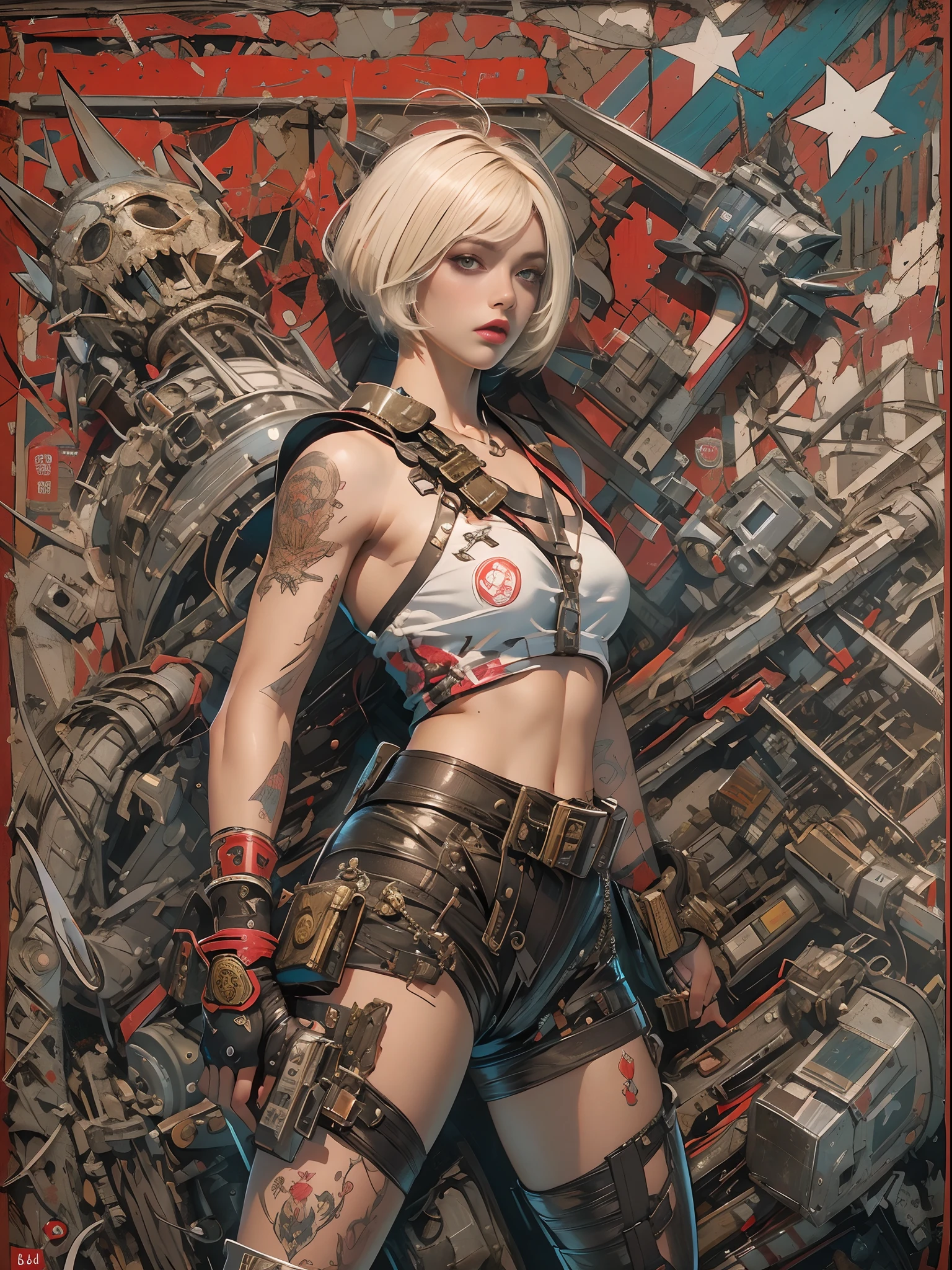 ((top-quality、8K、32K、​masterpiece、nffsw:1.3)), (superfine illustration)、(超A high resolution), (((adult body))), (((1girl in))), ((( Bob Shorthair ))), 25-year-old cyberpunk gladiator with a perfect body, Shoulder pads with metal spines, Gladiadores in Brooklyn, (( Bob Shorthair )), Small leather panties, Torn rugby team shirt, Almost naked in Simon Bisley's urban savage style, short blond hair, Minimum clothing, Metal protection on the left arm with complex graphics, Dark red with white stars and blue and white stripes, s Armor, Full of tips and rivets, Poison tattoo (((Image from the knee up))), short white blonde hair, In the background、 There is a wall with an intricate design painted by Shepard Fairey