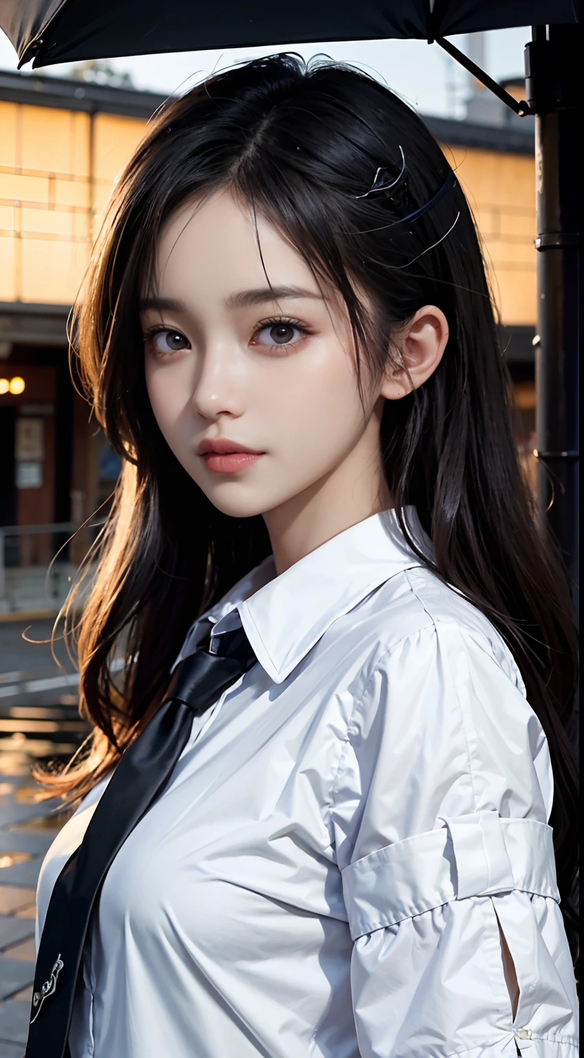 tmasterpiece， 1 beutiful girl， Detailed eyes， puffy eye， Best quality at best， hyper HD， （Realistic： 1.4）， RAW photogr， 1girll， Movie Lighting， ssmile， jpn， a asian beauty， Korea， Neat atmosphere， Super beautiful， Small young face， Beautiful skins， slim， cyberpunk backgrouns， （hyper realisitc）， （A high resolution）， （8k）， （The is very detailed）， （Most Best Illustration） ， （Beautiful and detailed eyes）， （Ultra-detail）， （the wallpaper）， （Detailed face）， looki at viewenely detailled，A detailed face，pureerosfaceace_v1，ssmile，46-point diagonal bangs，Face straight ahead，Neat clothes，Black colored eyes，Wet hair in the rain，The clothes ar（Stylish white fold-down collar irregular shirt feel dress），body facing the front，