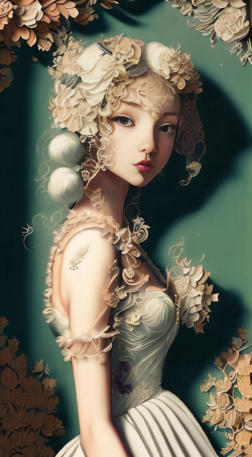 "((unity 8k wall paper、ultra-detailliert、Beautifully Aesthetic、​masterpiece、top-quality))、Beautiful oil painting style、masterpiece, Fractal Art、beautiful  lighting, Madame de Pampadour, Super cute 12 year old girl, Perfect beautiful body, gorgeous costumes, Glittering decoration, 17th century, Baroque style"