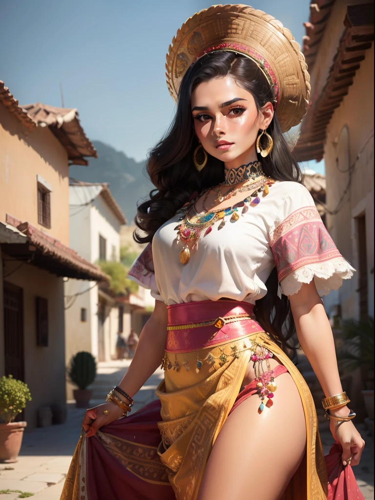 ((Masterpiece - Illustrations - Detailed - Best Quality)) - classic 50s Style - Alexander Gunin Style - insanely beautiful Mexican Woman - Aztec - Long Waiver Black Hair - Dark Brown Skin - pristine hazel eyes - Absolute Stunning Look - Traditional Wear Mexican clothing - pink Mexican skirt - sash at waist and abdomen - closed huaraches - gold bracelets, earrings and necklaces - imposing presence - flower petals in the environment - happy attitude - small Mexican village as the background.