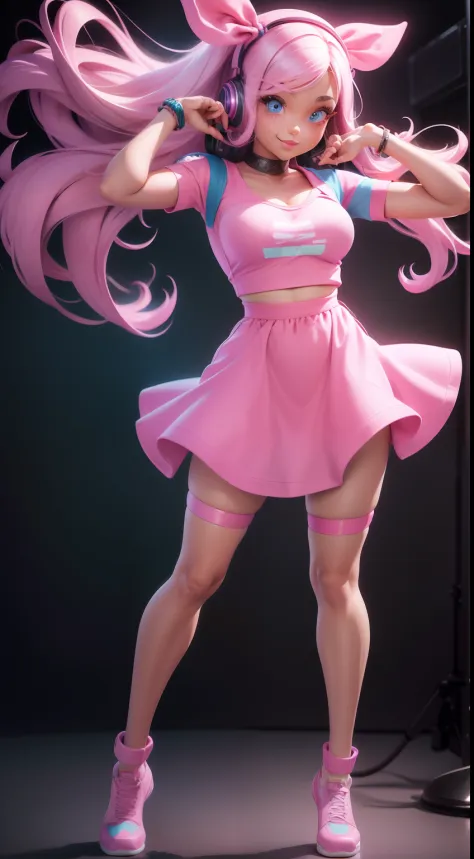 Barbie, ((full bodyesbian)), Blue eyes, Smiling face, Loose hair is blown by the wind, Hip hop artist pose, Dress in hip-hop style, Wear it with a pink T-shirt, ((Hand modern microphone)), He wears a pink bow on his arm, Fashion, Extremely high quality, Hi...