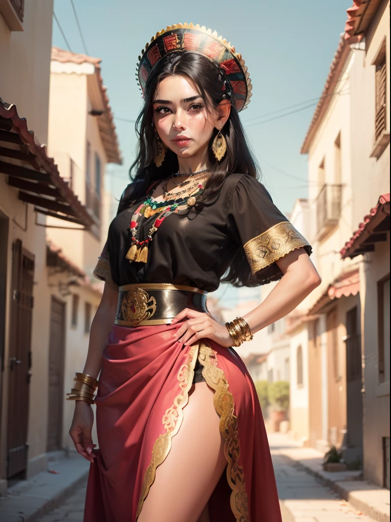 ((Masterpiece - Illustrations - Detailed - Best Quality)) - classic 50s Style - Alexander Gunin Style - insanely beautiful Mexican Woman - Aztec - Long Waiver Black Hair - Dark Brown Skin - pristine hazel eyes - Absolute Stunning Look - Traditional Wear Mexican clothing - pink Mexican skirt - sash at waist and abdomen - closed huaraches - gold bracelets, earrings and necklaces - imposing presence - flower petals in the environment - happy attitude - small Mexican village as the background.